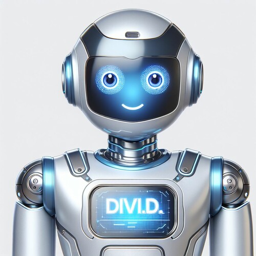 vatar of DivI.D., the Division Information Droid, a friendly and helpful chatbot for The Portage la Prairie School Division. DivI.D. has a sleek, modern design with a metallic silver body and blue accents. The avatar features a smiling face with expressiv