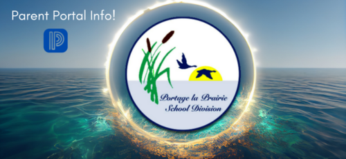 A graphic with the title &amp;#39;Parent Portall Info!&amp;#39; featuring the PLPSD logo inside a portal symbol. The PowerSchool logo is also present. The background shows a serene scene of sky and ocean.