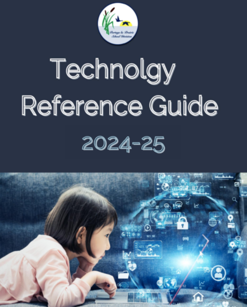 title page for 2034-24 Technology Reference guide; PLPSD logo, blue background and child using a device.