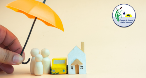 Yellow umbrella covering small play images of a house and wooden people figurines, symbolizing protection and shelter.